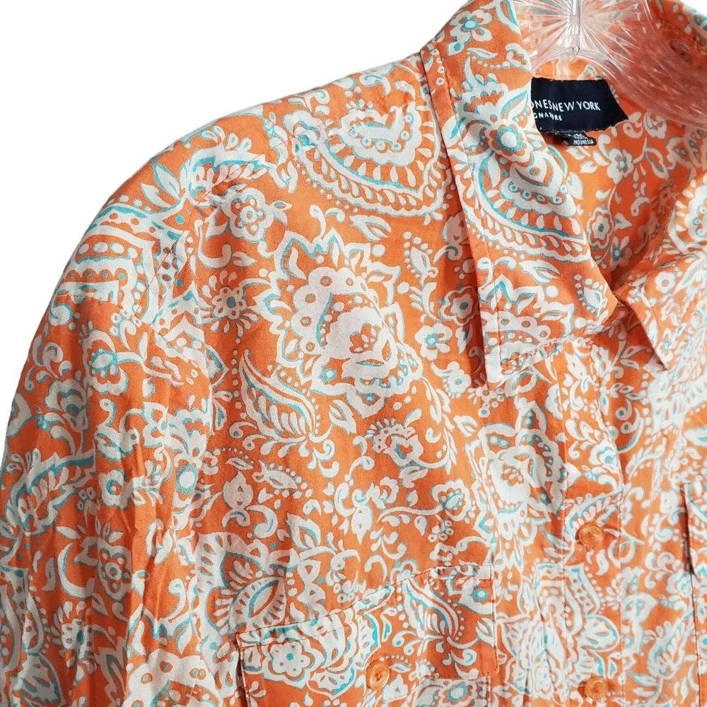 JNY Signature Sz XL Blouse Button Front Floral Roll Tab Cotton Side Vents Orange - Picture 10 of 14